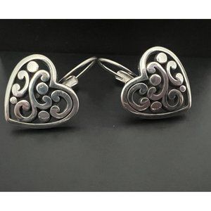 $42 Brighton Contempo Heart Leverback Earrings Silver  J19870 Filigree EUC